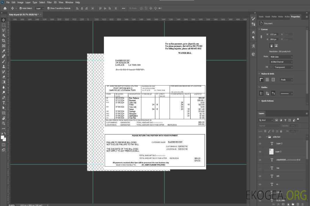 États-Unis, Louisiane, St. John the Baptist Parish, facture de service public de l'eau aux formats Word et PDF template